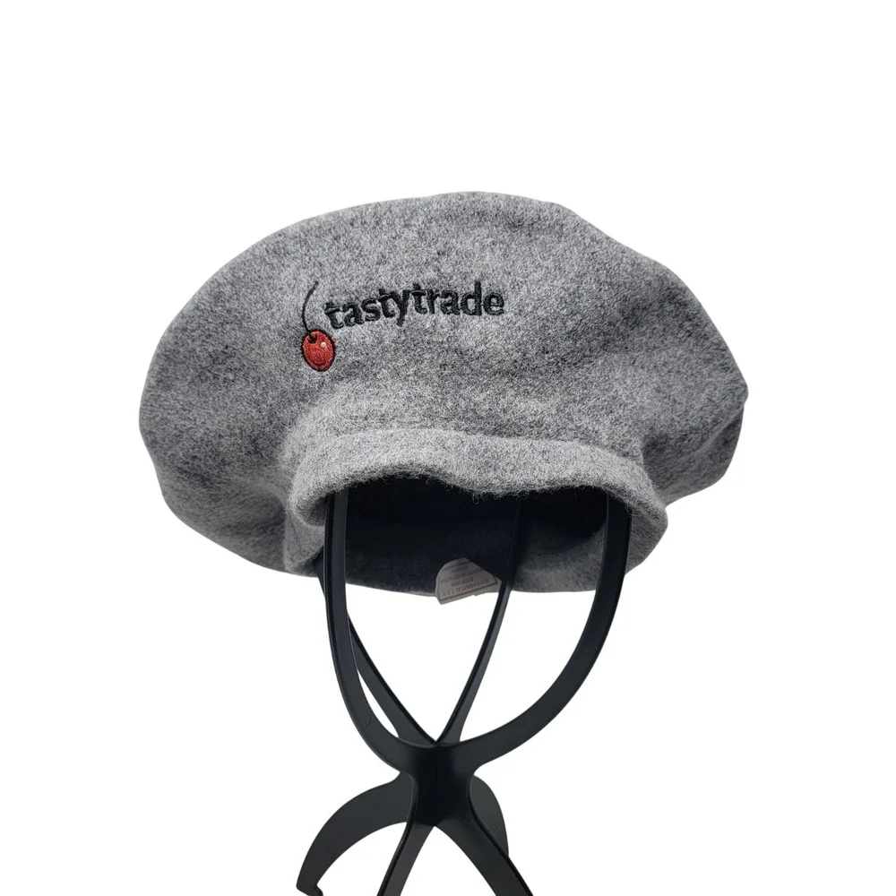 Vtg 90s Heather Gray Wool Beret Hat Embroidered Cherry‎ Tastytrade Logo Finance